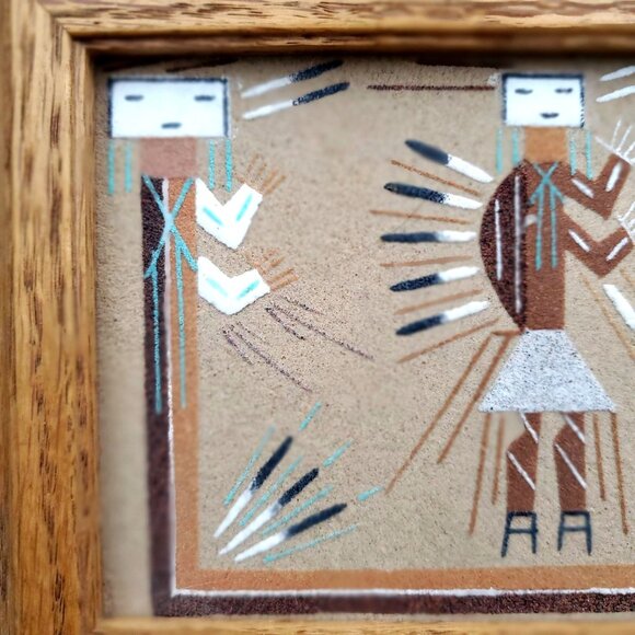 Navajo Sand Art "Rainbow Yei" By Lester Johnson In Oak Frame 7.5" - Picture 2 of 9